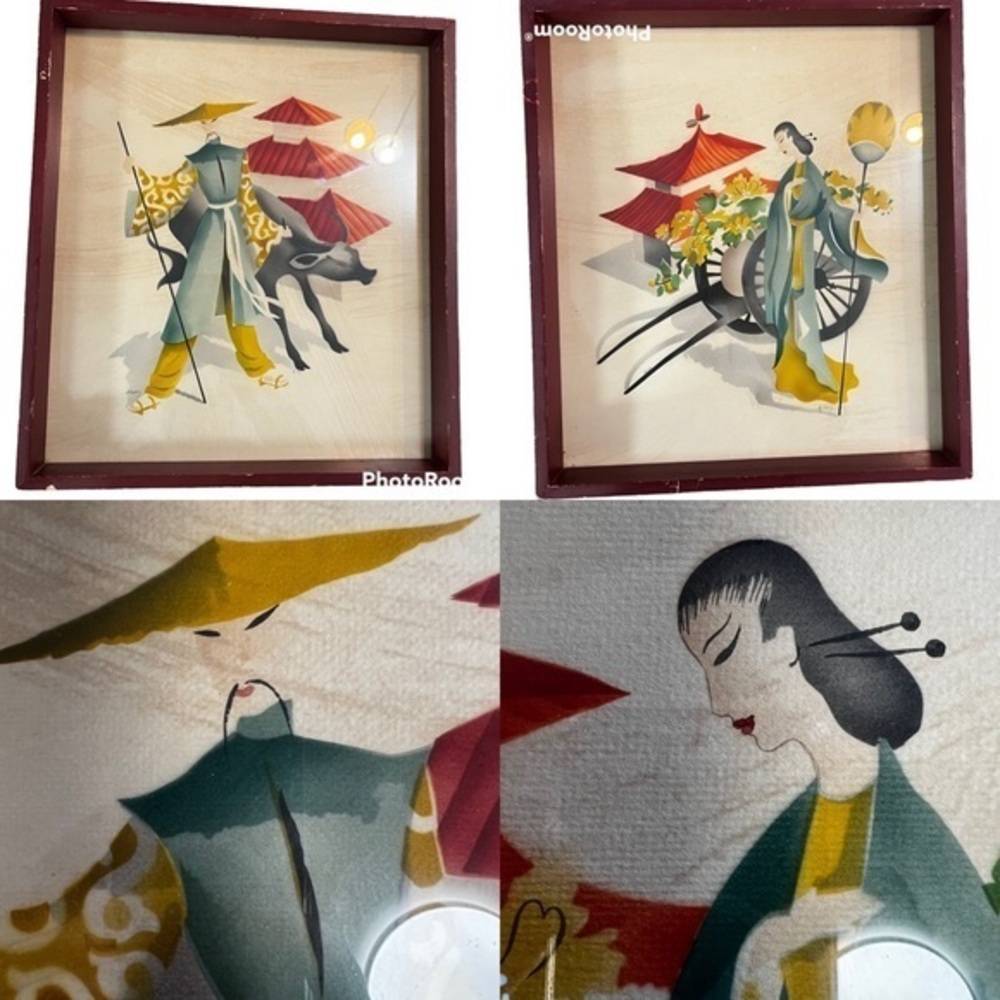 Pair of Art Deco Framed Watercolor Airbrush Paintings by Benjamin Jorj Harris